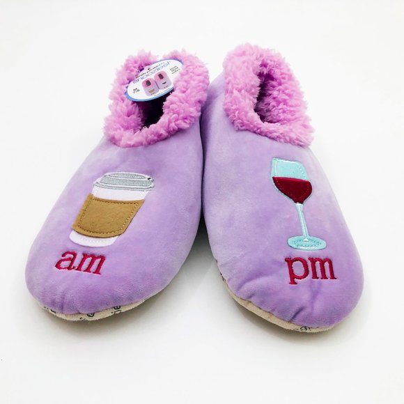 NWT Snoozies Women's AM PM Coffee Wine Slippers Med 7/8 Lavender - Picture 2 of 6